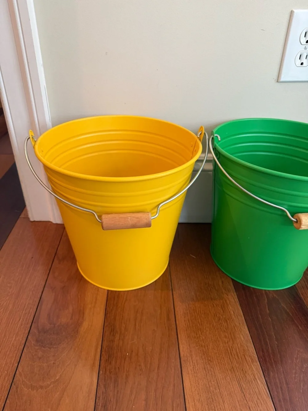 IKEA Yellow, Green, and Blue Metal Buckets with Wooden Handles